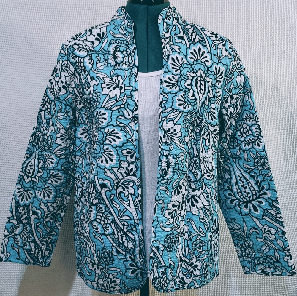 Turquoise Floral-Patterned Light Quilted Jacket